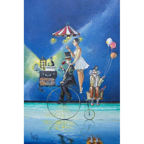 The Circus Is Coming to Town Black Modern Wood Framed Art Print with Double Matting by West, Ronald