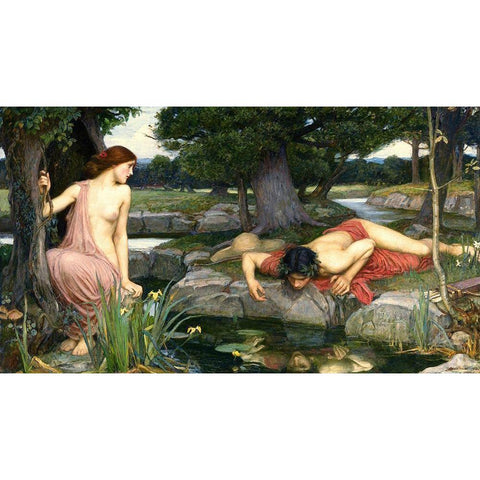 Echo and Narcissus, 1903 White Modern Wood Framed Art Print by Waterhouse, John William