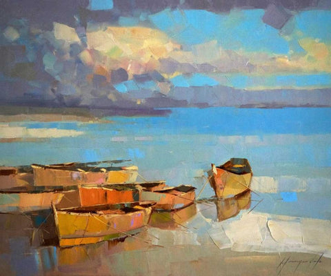 Fishing Boats White Modern Wood Framed Art Print with Double Matting by Yeremyan, Vahe