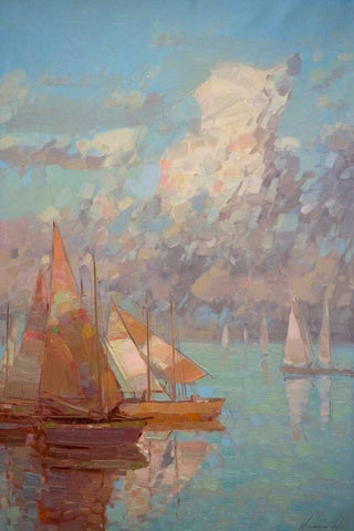 Sail Boats White Modern Wood Framed Art Print with Double Matting by Yeremyan, Vahe