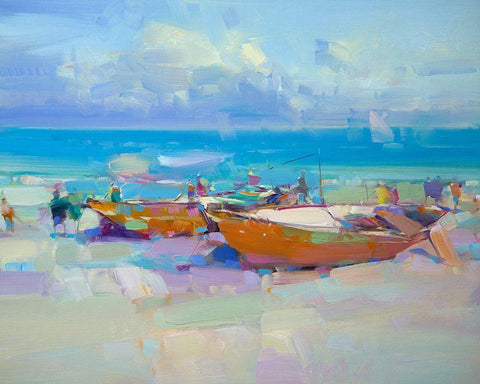 Boats On The Shore White Modern Wood Framed Art Print with Double Matting by Yeremyan, Vahe