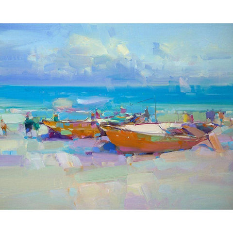Boats On The Shore Black Modern Wood Framed Art Print by Yeremyan, Vahe