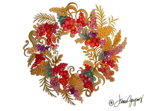 Christmas Wreath with Berries Black Ornate Wood Framed Art Print with Double Matting by Gaynor, Janice