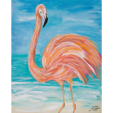 Flamingo Close up White Modern Wood Framed Art Print by DeRice, Julie