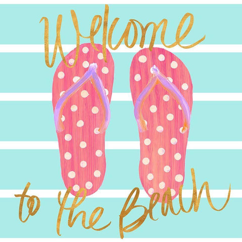Flip Flops Welcome to the Beach White Modern Wood Framed Art Print with Double Matting by DeRice, Julie