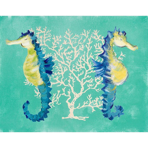 Blue Seahorses on Coral White Modern Wood Framed Art Print by DeRice, Julie