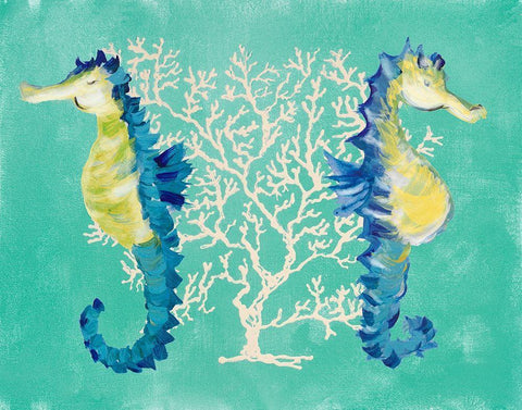 Blue Seahorses on Coral White Modern Wood Framed Art Print with Double Matting by DeRice, Julie