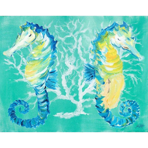 Seahorses on Coral Gold Ornate Wood Framed Art Print with Double Matting by DeRice, Julie