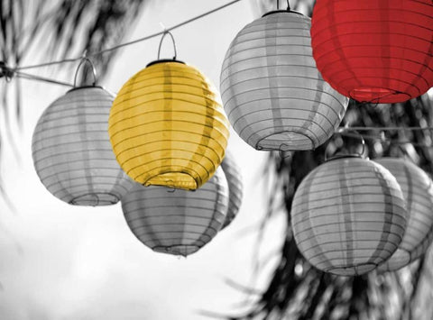 Lanterns Border White Modern Wood Framed Art Print with Double Matting by Peck, Gail