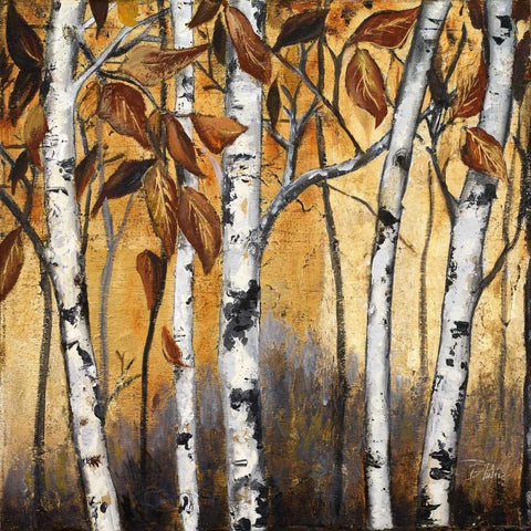 Birchwood Trees on Gold I White Modern Wood Framed Art Print with Double Matting by Pinto, Patricia