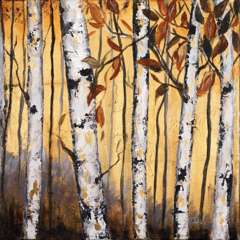 Birchwood Trees on Gold II White Modern Wood Framed Art Print with Double Matting by Pinto, Patricia