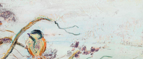 Birds on Cherry Blossom Branch II White Modern Wood Framed Art Print with Double Matting by Pinto, Patricia