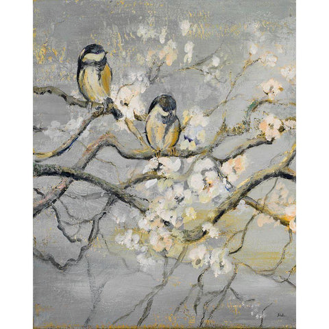 Gold and Gray Branch with Birds I Black Modern Wood Framed Art Print with Double Matting by Pinto, Patricia