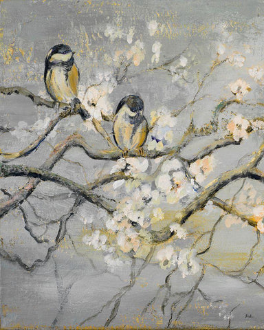 Gold and Gray Branch with Birds I White Modern Wood Framed Art Print with Double Matting by Pinto, Patricia