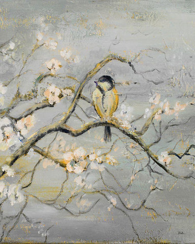 Gold and Gray Branch with Birds II White Modern Wood Framed Art Print with Double Matting by Pinto, Patricia