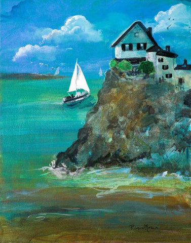 Home Over Looking the Sea White Modern Wood Framed Art Print with Double Matting by Maria, Robin