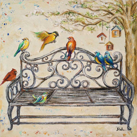 Birds on the Bench Black Ornate Wood Framed Art Print with Double Matting by Pinto, Patricia