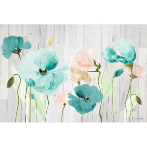 Teal Poppies on Wood Black Modern Wood Framed Art Print with Double Matting by Loreth, Lanie