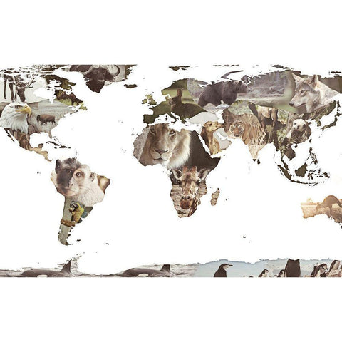 World Animals Map Black Modern Wood Framed Art Print with Double Matting by SD Graphics Studio