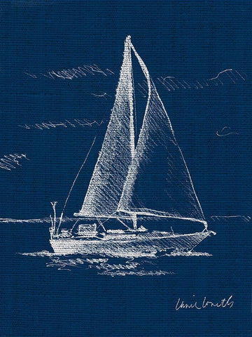 Sail Boat on Blue Burlap I White Modern Wood Framed Art Print with Double Matting by Loreth, Lanie