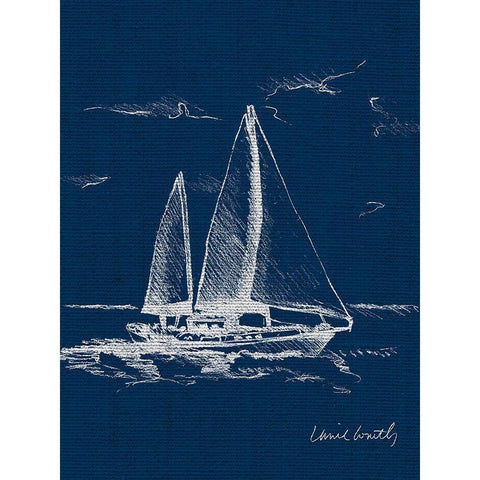 Sail Boat on Blue Burlap II White Modern Wood Framed Art Print by Loreth, Lanie