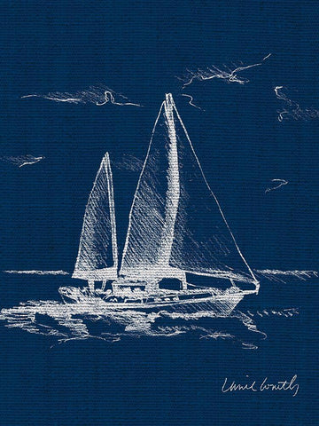 Sail Boat on Blue Burlap II White Modern Wood Framed Art Print with Double Matting by Loreth, Lanie