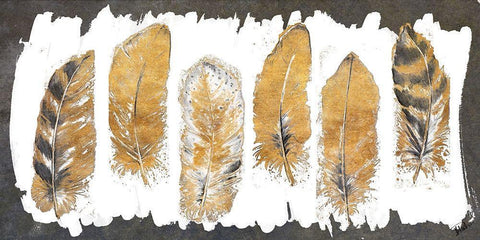 Gold Watercolor Feathers White Modern Wood Framed Art Print with Double Matting by Pinto, Patricia