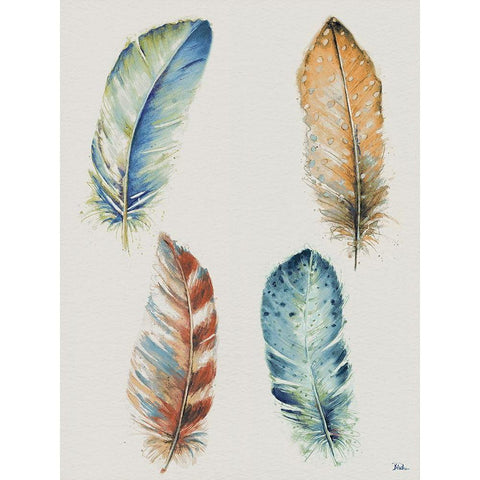 Four Colorful Feathers White Modern Wood Framed Art Print by Pinto, Patricia
