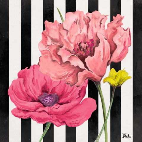 Poppies on Stripes I White Modern Wood Framed Art Print with Double Matting by Pinto, Patricia