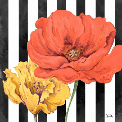 Poppies on Stripes II Black Modern Wood Framed Art Print with Double Matting by Pinto, Patricia