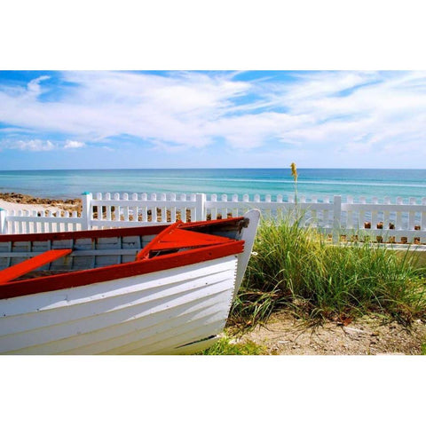 Boat By The Beach Black Modern Wood Framed Art Print with Double Matting by Peck, Gail