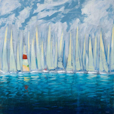 Dozen Blue Sailboats White Modern Wood Framed Art Print with Double Matting by Meneely, Dan