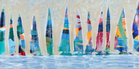 Dozen Colorful Boats Panel White Modern Wood Framed Art Print with Double Matting by Meneely, Dan