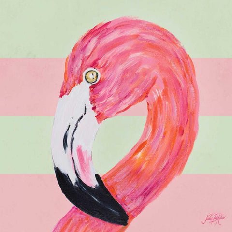 Flamingo on Stripes II Black Modern Wood Framed Art Print by DeRice, Julie