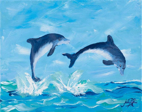 Soaring Dolphins II White Modern Wood Framed Art Print with Double Matting by DeRice, Julie