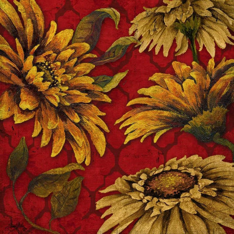 Yellow Floral on Red I White Modern Wood Framed Art Print with Double Matting by Medley, Elizabeth