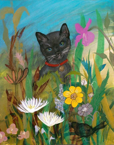 Cat in the Garden Black Ornate Wood Framed Art Print with Double Matting by Maria, Robin