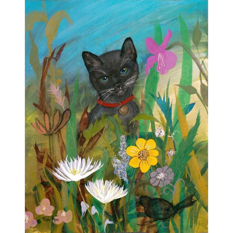 Cat in the Garden White Modern Wood Framed Art Print by Maria, Robin
