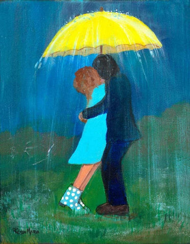 Kissing Under the Yellow Umbrella Black Ornate Wood Framed Art Print with Double Matting by Maria, Robin