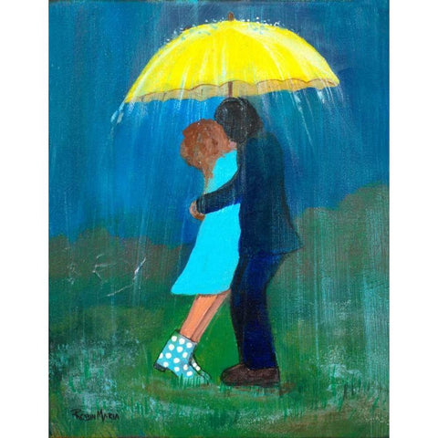 Kissing Under the Yellow Umbrella Black Modern Wood Framed Art Print by Maria, Robin