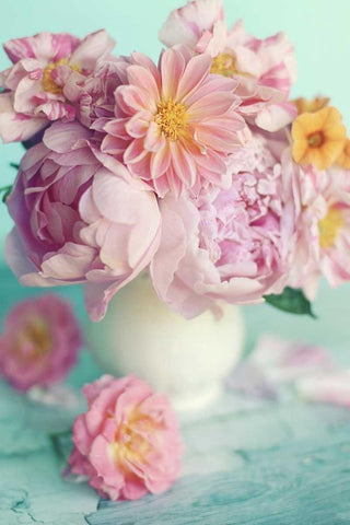 Peonies On Teal White Modern Wood Framed Art Print with Double Matting by Gardner, Sarah