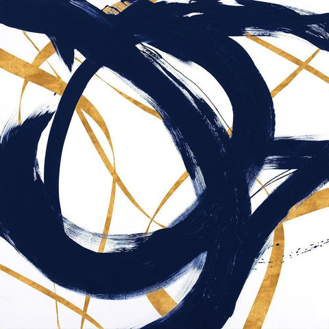 Navy with Gold Strokes I Black Modern Wood Framed Art Print with Double Matting by Morris, Megan