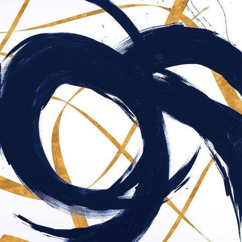 Navy with Gold Strokes II Black Modern Wood Framed Art Print with Double Matting by Morris, Megan