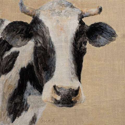 Cow On Burlap Background White Modern Wood Framed Art Print with Double Matting by Loreth, Lanie