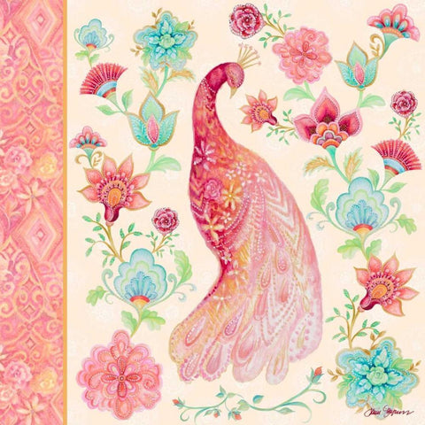 Pink Medallion Peacock I Gold Ornate Wood Framed Art Print with Double Matting by Gaynor, Janice