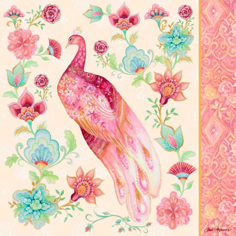 Pink Medallion Peacock II White Modern Wood Framed Art Print with Double Matting by Gaynor, Janice