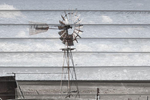 Rusted Windmill on Wood White Modern Wood Framed Art Print with Double Matting by Coppel, Anna