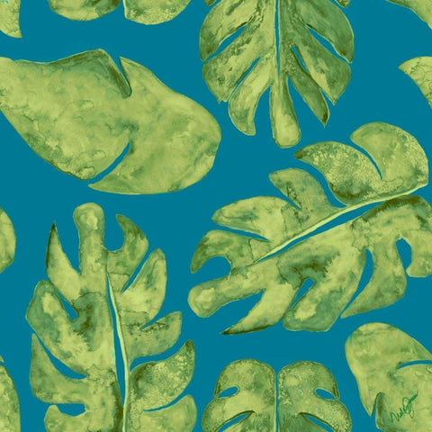 Leaves On Teal Black Ornate Wood Framed Art Print with Double Matting by Papa, Kat
