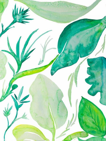 Green Water Leaves II White Modern Wood Framed Art Print with Double Matting by Papa, Kat