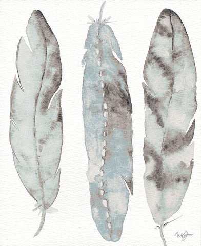 Three Blue Feathers White Modern Wood Framed Art Print with Double Matting by James, Nola